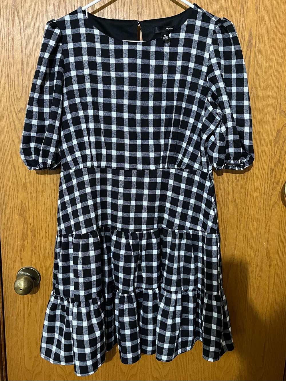 Aqua Black & White Gingham Tiered Knee Dress